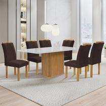 Conjunto Mesa Zara 170cm com 6 Cadeiras Arizona Tampo Smart Plus com Vidro Cinamomo /Off White/Veludo Marrom