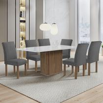 Conjunto Mesa Zara 170cm com 6 Cadeiras Canela Tampo Smart Plus com Vidro Chocolate/Off White/Veludo Cinza