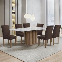 Conjunto Mesa Zara 170cm com 6 Cadeiras Canela Tampo Smart Plus com Vidro Chocolate/Off White/Veludo Marrom