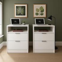 Conjunto Mesas de Cabeceira Branca Estilo Cômoda com 2 Gavetas e 1 Nicho Para Quarto Lateral da Cama