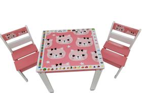 Conjunto Mesinha Com Cadeiras Educacional Gatinha Rosa - Sonhos Em Madeira