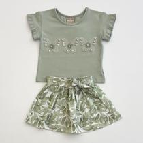 Conjunto Milon Infantil Menina Cropped Borboletas Perolas e Saia Verde Folhas Verão Moda Kids 2001299 Conjunto Milon Infantil Menina Cropped Borboletas Perolas e Saia Verde Folhas Verão Moda Kids 2001299