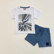Conjunto Milon Infantil Menino Camiseta Branca Navio e Bermuda Azul Verão Moda Kids Conjunto Milon Infantil Menino Camiseta Branca Navio e Bermuda Azul Verão Moda Kids