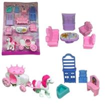 Conjunto Mini Quarto Mágico de Princesa com Carruagem para casinha de boneca Crianças Meninas Infantil 10 Peças