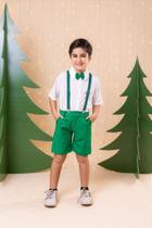 Conjunto Miss Cherry - Camisa Branca, Gravata Borboleta Verde e Shorts Verde com Suspensorio Conjunto Miss Cherry - Camisa Branca, Gravata Borboleta Verde e Shorts Verde com Suspensorio