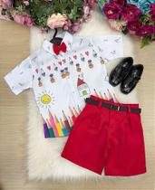 Conjunto Miss Cherry Meninos - Lápis Aquarela Vermelho ABC - Camisa e Shorts Conjunto Miss Cherry Meninos - Lápis Aquarela Vermelho ABC - Camisa e Shorts