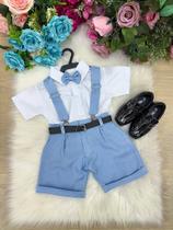Conjunto Miss Cherry Meninos Social Shorts Ravi Azul Claro com Gravata e Cinto