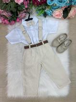 Conjunto Miss Cherry Suspensorio Luiz Linho Bege - Elegante e Confortável para Crianças Conjunto Miss Cherry Suspensorio Luiz Linho Bege - Elegante e Confortável para Crianças