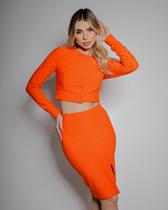 Conjunto Miss Misses Saia e Cropped e Jaqueta Botões Laranja