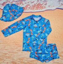 Conjunto Moda Praia Camiseta Manga Longa + Sunga ou Calcinha+ Chapéu UV50+