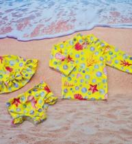 Conjunto moda praia infantil, blusa com proteção UV, calcinha de banho e chapéu tamanho 2 - Use Joy