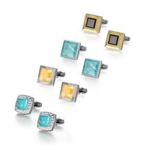 Conjunto moderno de abotoaduras com pedras preciosas azuis e esmalte de mármore