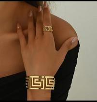 Conjunto Moderno de Bracelete e Anel Reajustável Banhado a Ouro 18K Estilo Grego