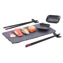Conjunto Moderno Romântico Para Sushi Tabua De Ardósia Molheira, Porta Hashi Em Cerâmica E Pares De Hashis