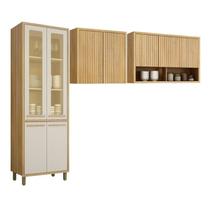Conjunto Modulado de Cozinha Armário Paneleiro 4 Portas com Vidro e 2 Armários Aéreo Ripado Torino Bege/Cinamomo/Off White Conjunto Modulado de Cozinha Armário Paneleiro 4 Portas com Vidro e 2 Armários Aéreo Ripado Torino Bege/Cinamomo/Off White