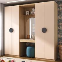 Conjunto Modulado Infantil 3 Peças 4 Portas, Módulos Nichos 2 Gavetas Cabideiro e Penteadeira com Espelho Joy Kids CabeCasa MadeiraMadeira