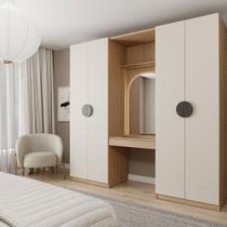 Conjunto Modulado Joy 3 Peças Módulo Nichos com 2 Gavetas, Penteadeira com Espelho e Cabideiro com Nichos Cabecasa Madeiramadeira Cinza Sereno/Avena