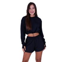 Conjunto Moletinho Blusa com Manga Longa com Regulagem e Short Louise e Maya