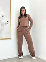 Conjunto Moletinho Feminino Cropped e Calça Pantalona Casual