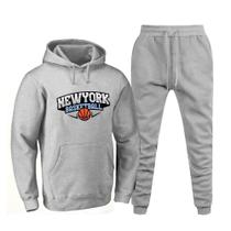 Conjunto Moletom Canguru Com Capuz Estampa New York Basketball Calça Flanelada Cordao Ajustavel