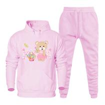 Conjunto Moletom Canguru Feminino Estampa Urso Jardim Com Calça Lisa Conforto Academia Dia a Dia