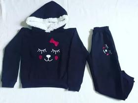 Conjunto Moletom Com Touca De Pelos Bordado Da Gatinha