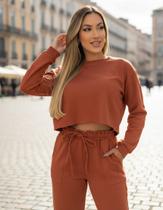 Conjunto Moletom Cropped Com Calça Pantalona Abrigo Moda Feminina Bolso Lateral
