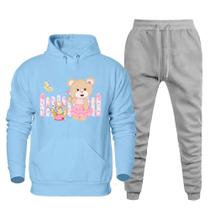 Conjunto Moletom Estampado Casaco de Frio Com Capuz Ajustavel e Calça Lisa Bolso Lateral Macia