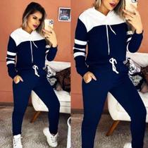 Conjunto Moletom Feminino Inverno Frio Malha Crepe com Capuz Azul Marinho M G e GG