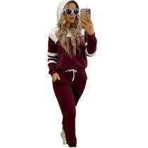 Conjunto Moletom Feminino Inverno Frio Malha Crepe com Capuz Blusa + Calça Marsala