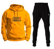 Conjunto Moletom Infantil e Adulto Cristão Jesus Cristo com Capuz Blusa + Calça - Amarelo