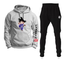 Conjunto Moletom Infantil e Adulto Goku Azul Blue Dragon Ball com Capuz Blusa + Calça - Cinza