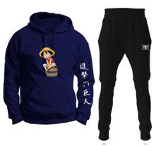 Conjunto Moletom Infantil e Adulto Monkey Luffy One Piece Barril com Capuz Blusa + Calça - Azul