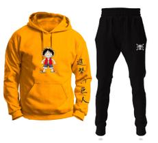 Conjunto Moletom Infantil e Adulto Monkey Luffy One Piece Boy com Capuz Blusa + Calça - Amarelo