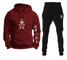 Conjunto Moletom Infantil e Adulto Monkey Luffy One Piece Boy com Capuz Blusa + Calça - Bordô