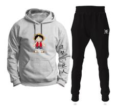 Conjunto Moletom Infantil e Adulto Monkey Luffy One Piece Boy com Capuz Blusa + Calça - Cinza