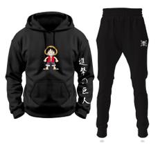 Conjunto Moletom Infantil e Adulto Monkey Luffy One Piece Boy com Capuz Blusa + Calça - Preto