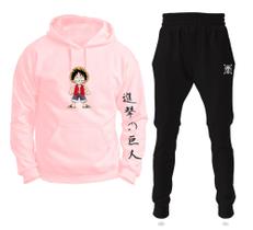 Conjunto Moletom Infantil e Adulto Monkey Luffy One Piece Boy com Capuz Blusa + Calça - Rosa