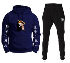 Conjunto Moletom Infantil e Adulto Monkey Luffy One Piece Capa com Capuz Blusa + Calça - Azul
