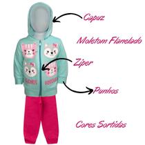 Conjunto Moletom Infantil Feminino Blusa e Calça Flanelado, c/ Capuz Ziper Punhos Roupa Menina Inverno Tamanhos 01 02 03