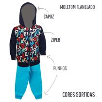 Conjunto Moletom Infantil Masculino Blusa e Calça Flanelado, c/ Capuz Ziper Punhos Roupa Menino Inverno Tamanhos 01 02 03