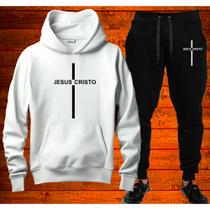 Conjunto Moletom jesus Cristo Cruz Cristão Streetwear Blusa + calça de moletom Casaco Com Capuz