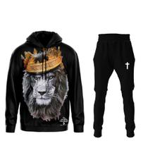 Conjunto Moletom Leão Cristão Capuz Forrado Bolso Lateral Calça Conjunto Moletom Leão Cristão Capuz Forrado Bolso Lateral Calça
