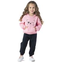Conjunto Moletom Meninas Felpado Gatinha Pink com Capuz Vrasalon Conjunto Moletom Meninas Felpado Gatinha Pink com Capuz Vrasalon