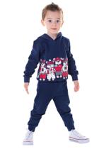 Conjunto Moletom Menino Casaco Capuz Urso e Calça Lisa Marinho