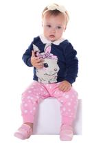 Conjunto Moletom Peluciado Bebê Menina Casaco Marinho Coelha e Calça Rosa Estampada