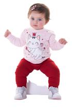 Conjunto Moletom Peluciado Bebê Menina Casaco Rosa Gatinha e Calça Lisa Vermelha