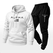 Conjunto Moletom Unissex Estampado Alpha USA Calça e Blusa Com Capuz Bolso Canguru