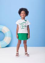 Conjunto Momi Blusa Branca Estampada com Laço e Shorts Verde com Cós Elástico