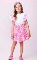 Conjunto Momi de Saia Florida Rosa e Blusa com Babado